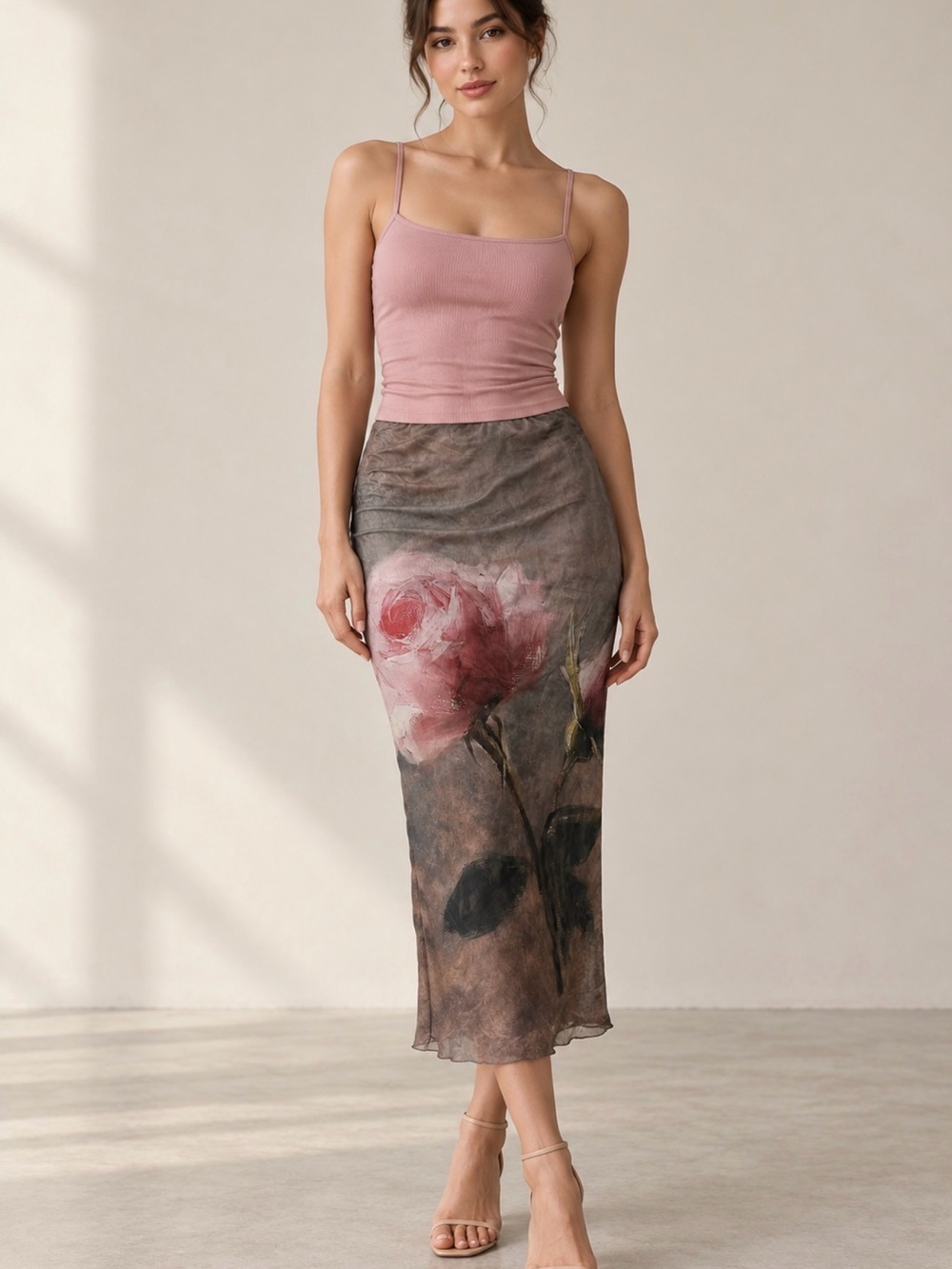 Brown Midi Skirt with Pink Rose Detail